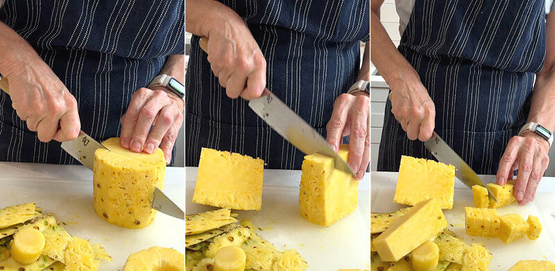 Step 3B - If you need spears, or chunks for your recipe, cut on either side of the core, so you end up with 3 pieces. Two half moons without a cor and one piece that consists of the core with flesh on 2 sides. Cut that flesh away and all that is left is a clean core.