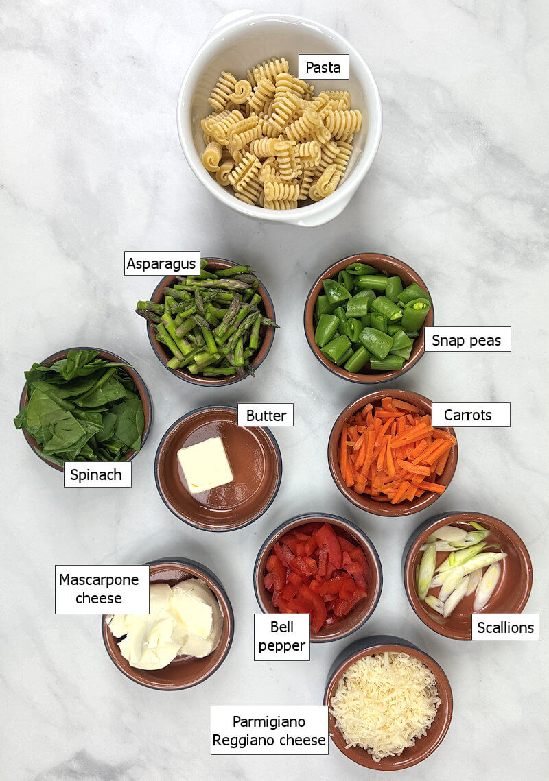 Key ingredients to make Pasta Primavera with Mascarpone cheese
