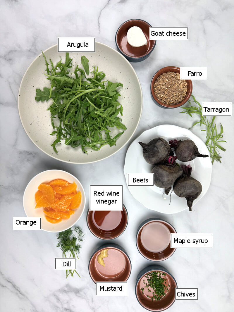 Key ingredients to make Beet, Orange and Farro Salad