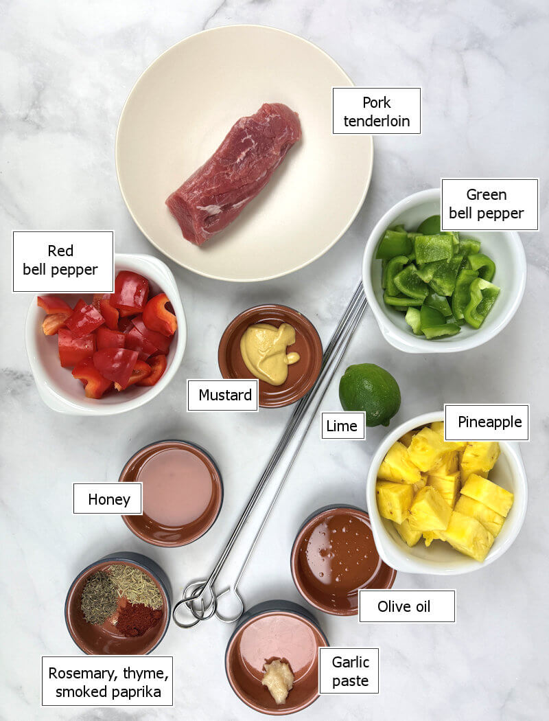 key ingredients to make grilled pork skewers with pineapple