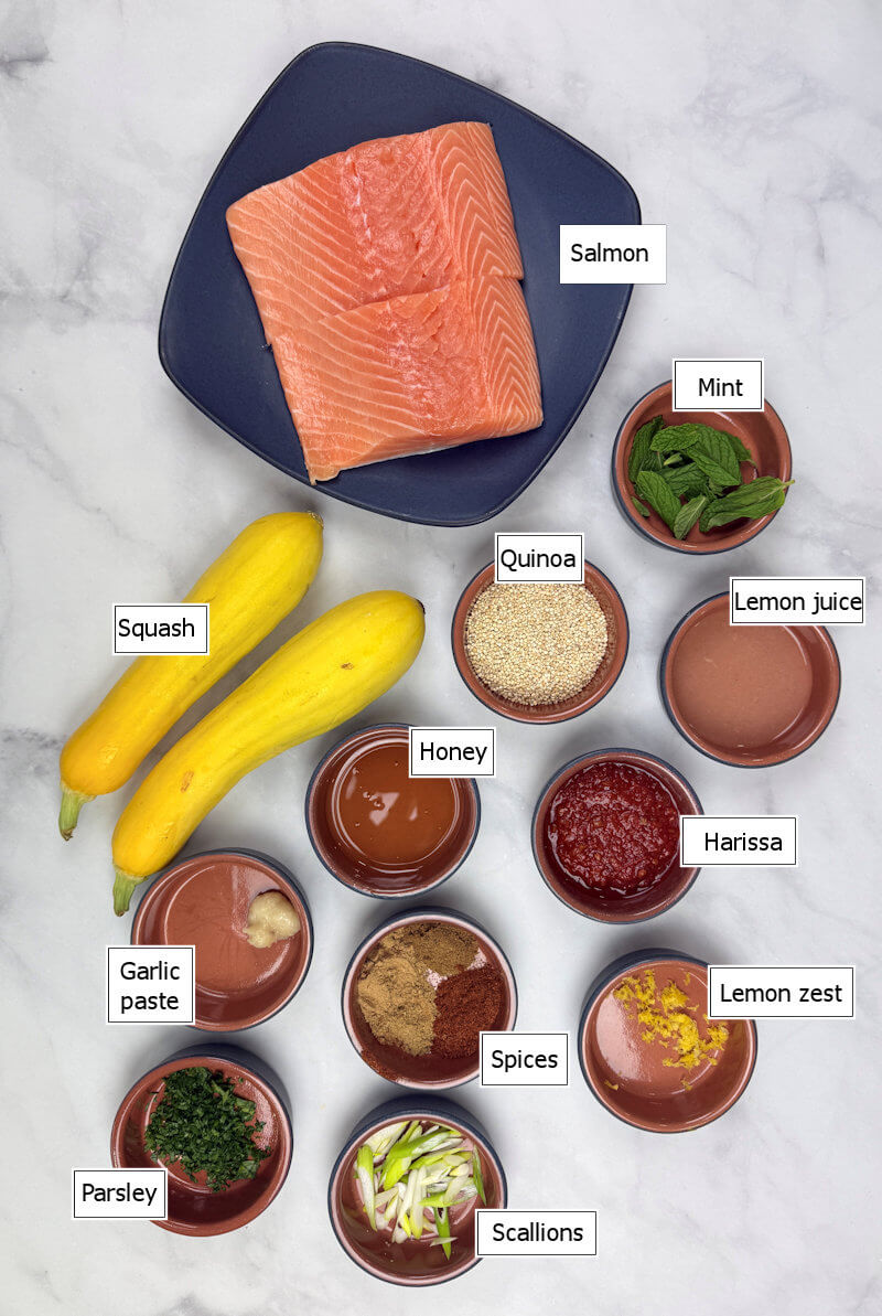 Key ingredients to make harissa grilled salmon with squash quinoa