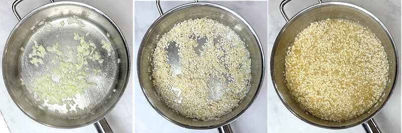 Step 2 -  Make the risotto. Saute the chopped onion in butter or oil, and saute until tender and translucent. Add the rice and roast it by stirring it until you see white spots on the grains. Deglaze the pan with white wine and stir until the wine is fully absorbed. Add heated stock, step by step and stir until fully absorbed. 