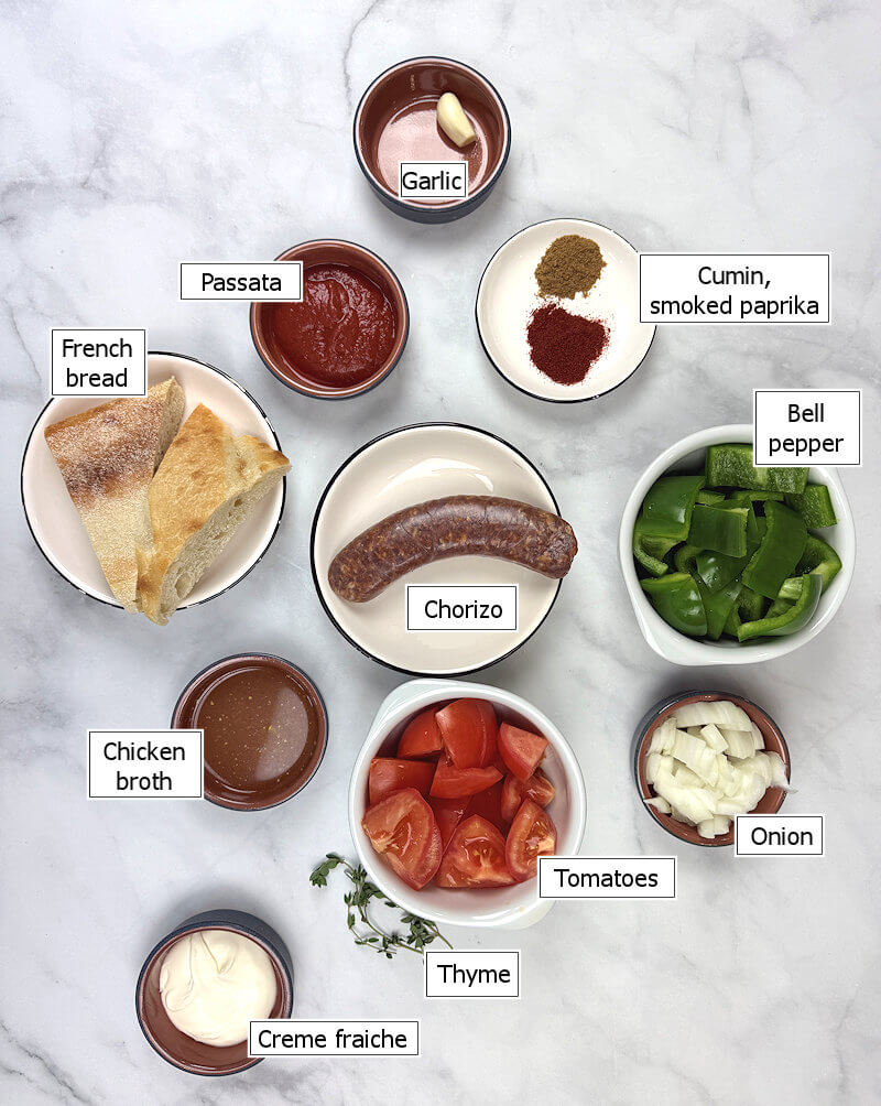 Key ingredients to make Pepper Tomato Soup with Chorizo