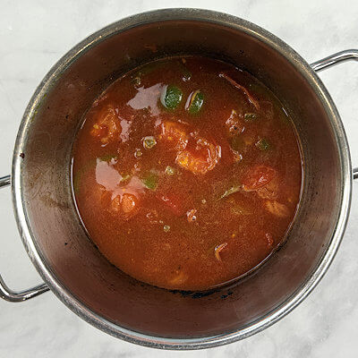 Step 4 - Add the broth (chicken or vegetable), passata and bring to a boil. Cook for about 10 minutes.