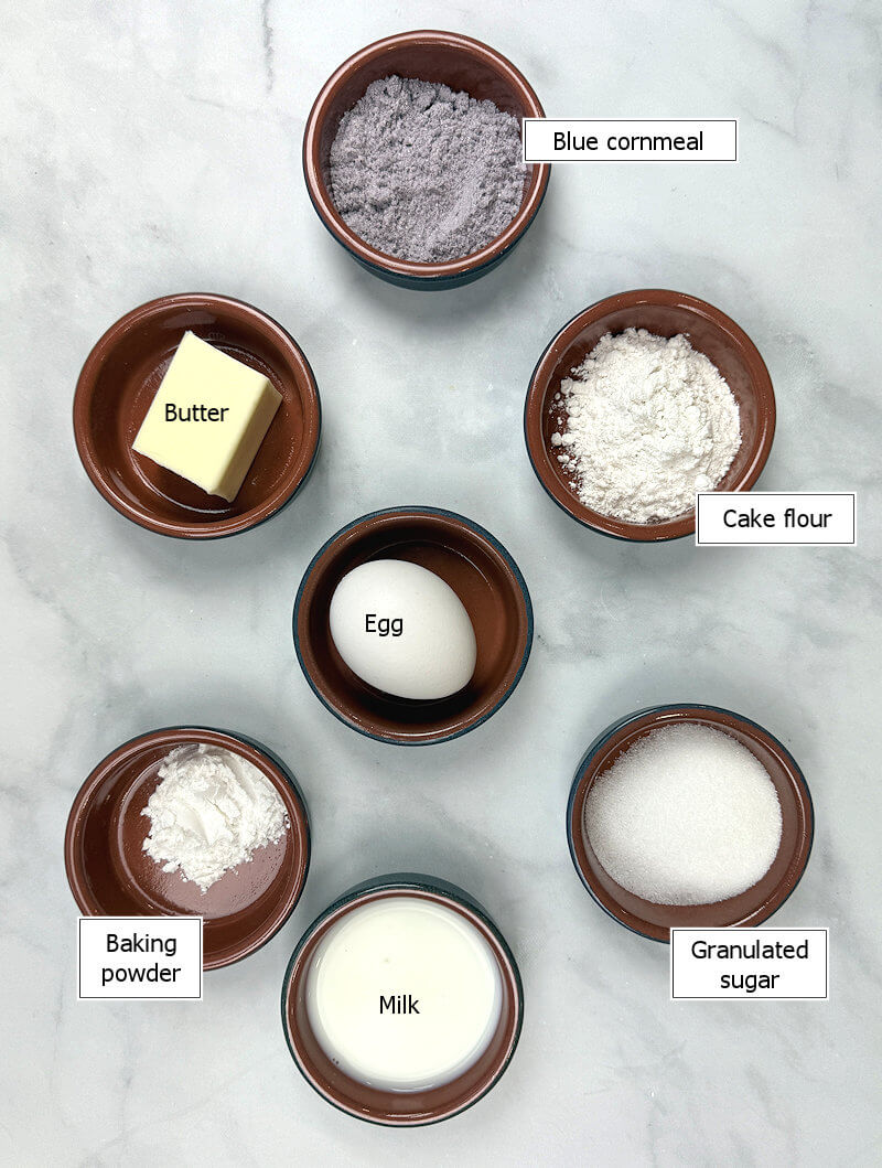 Key ingredients to make blue corn muffins.