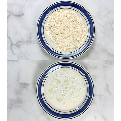 Step 2 - Make 2 separate mixtures. 1. Coarsely ground pine nuts, grated Parmesan cheese, coarse cornmeal, onion powder, garlic powder, baking soda, all-purpose flour.2. Egg white, milk, salt & pepper.