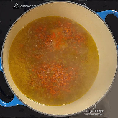 Step 3 - Add the chicken broth, Parmesan rind and 1 teaspoon salt and bring to a boil. Simmer for 25 minutes, until slightly reduced and the vegetables are cooked.