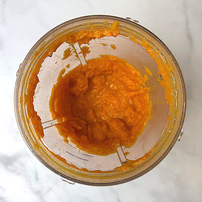 Step 2 - Heat the broth you'll need for the risotto. Transfer the cooked sweet potato into a blender, together with some of the broth, and process until smooth.