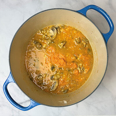 Step 5 - Add some of heated stock as well as the sweet potato puree and stir until fully absorbed. Continue adding stock only after the previous addition is absorbed.Keep the rice at a medium simmer for the entire cooking process.