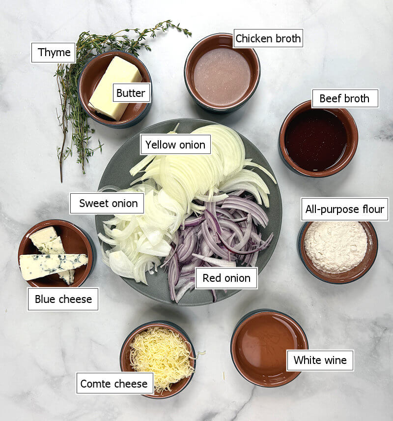Key ingredients to make French Onion Soup with Blue Cheese