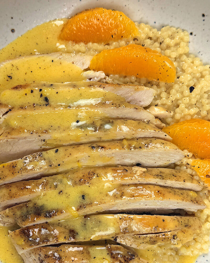 Close-up of Chicken with Orange Mustard Sauce.