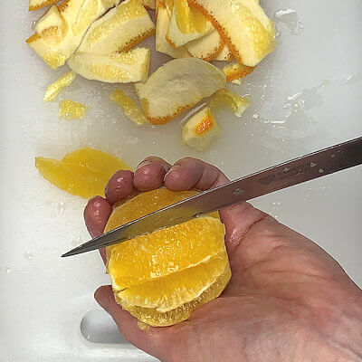 Step 1 - Section the oranges and squeeze all the juice out of it. Add more juice if needed. See this blog post for a step-by-step approach on on how to section an orange.
