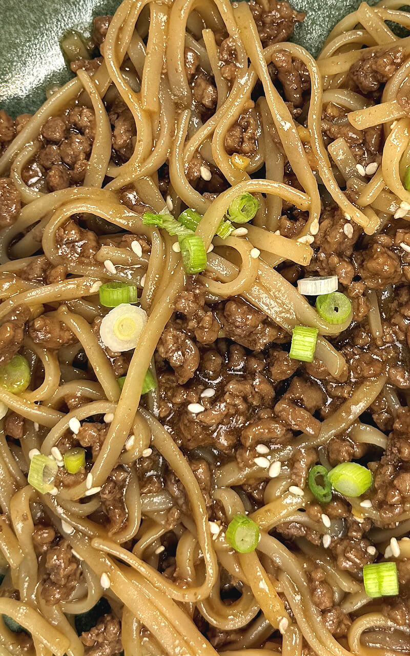 Close-up of Mongolian Beef & Rice Noodles