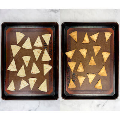 Step 1 - Make Tortilla chips, by start heating the oven to 400°F. Line a baking sheet with parchment paper or a silicone mat. Brush the tortillas with olive oil and sprinkle with salt. Using a sharp knife and slice each tortillas into 8 equal wedges. Place wedges on the baking sheet and bake for 8-12 minutes, rotating the pan halfway through to ensure even browning.