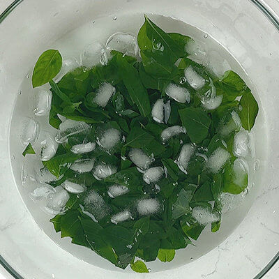Step 2 - Remove with a slotted spoon and place the basil leaves in an ice bath to cool down. Squeeze out as much water as you can and dry with a kitchen or paper towel.