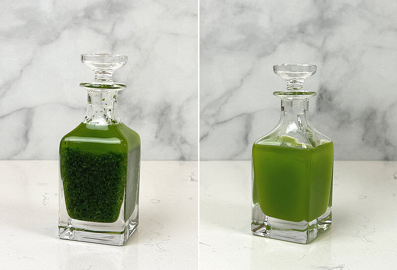 Unfiltered and filtered basil oil