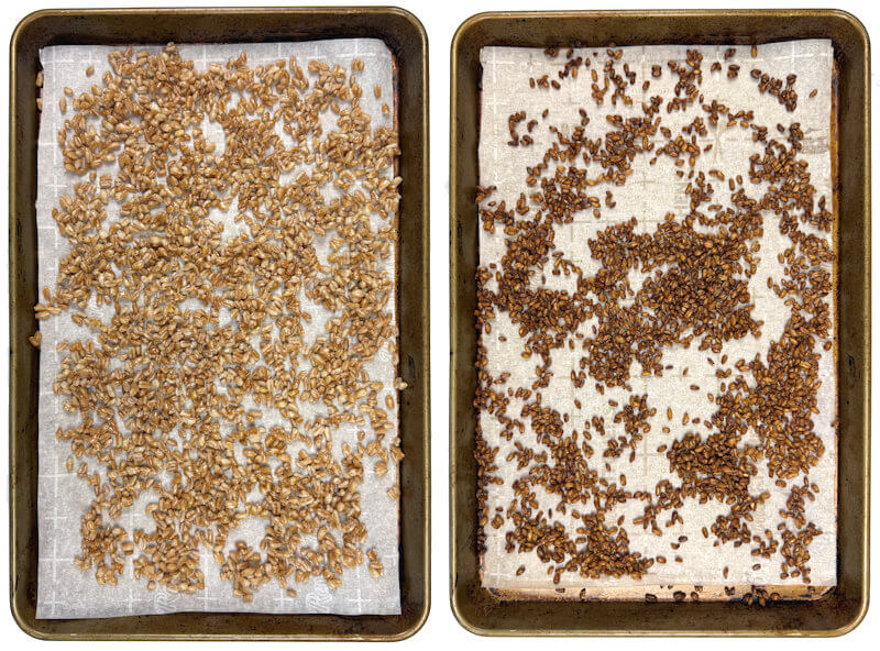 Cooked farro next to crispy farro