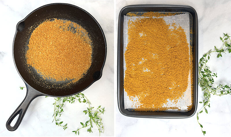 Step 2 - If using the stovetop, place the breadcrumbs-oil mixture in a frying pan or cast-iron skillet over medium heat, stirring frequently, every few minutes, until golden and crisp.If using the oven, spread the breadcrumbs-oil mixture out on a parchment-lined baking sheet and bake in a 325°F oven for 25-35 minutes. Stir frequently, about every 5-10 minutes.