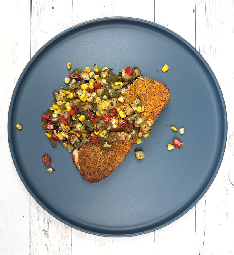 Grilled salmon with Sautéed Corn with Pepper & Potato