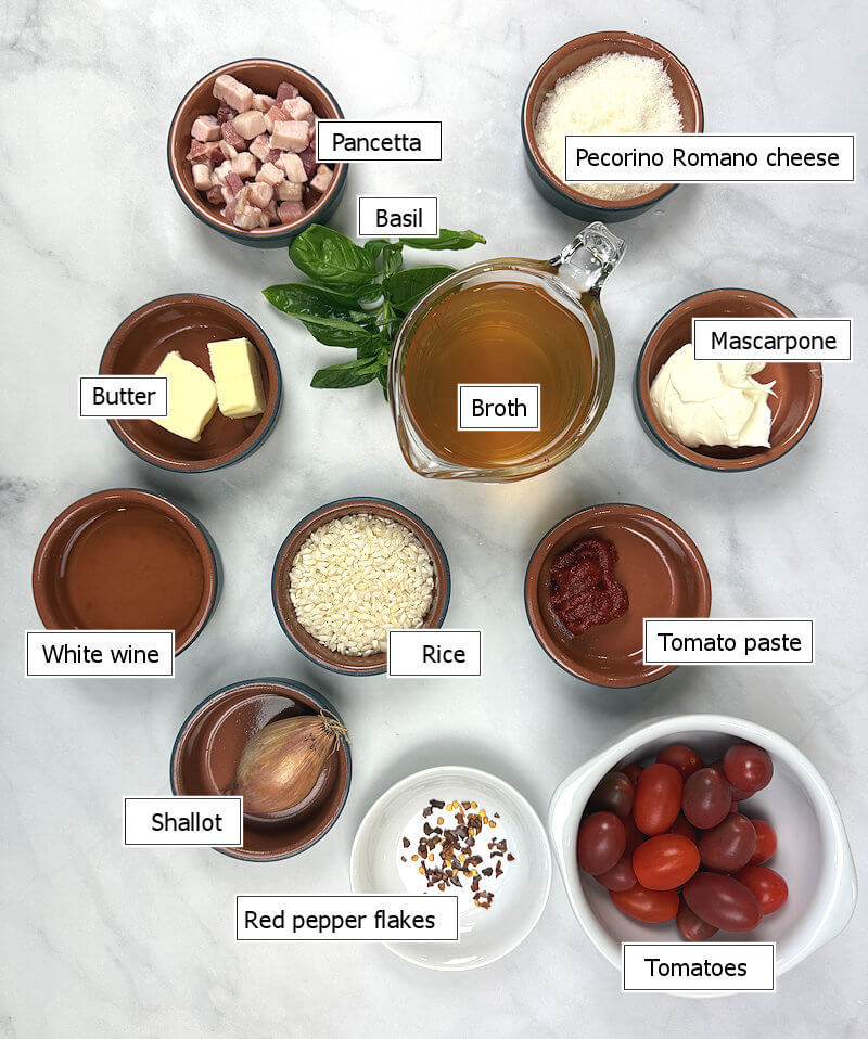 Key ingredients to make Tomato Risotto with Pancetta
