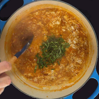 Step 7 - Remove from heat once all the stock is absorbed, add the Mascarpone, Pecorino Romano cheese and basil and stir until all the cheese is melted.
