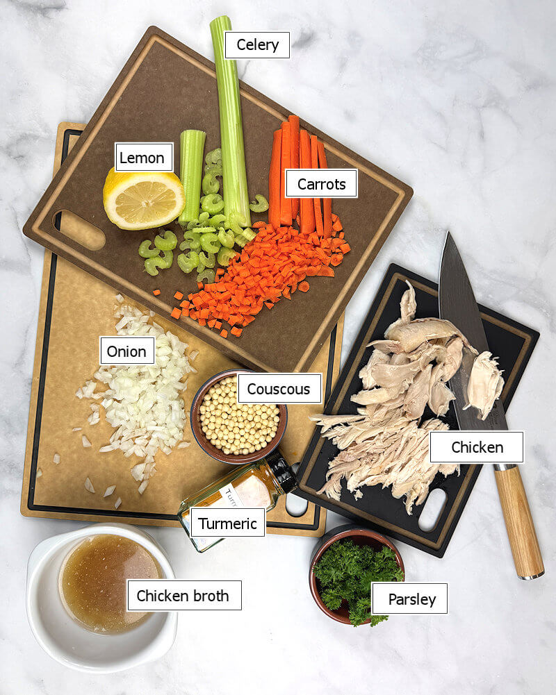 Key ingredients to make Turmeric Chicken Couscous Soup
